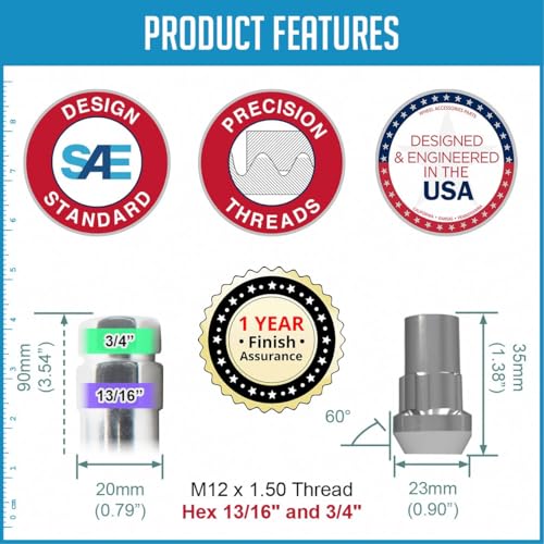Wheel Accessories Parts M12x1.5 12x1.5 Thread Closed End Bulge 1.38" Long Wheel Lock Chrome Dual Hex Key 13/16" and 3/4" Fits Ford Bronco (No Raptor) - color: Chrome, style: Bronco Wheel Lock