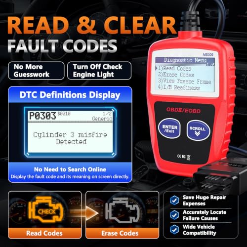 MS309 OBD2 Scanner Check Car Engine Light Fault Code Reader, Universal OBDII Diagnostic Scan Tool Read Clear Trouble Codes, View Freeze Frame Data, OBDII CAN Diagnostic Scan Tool