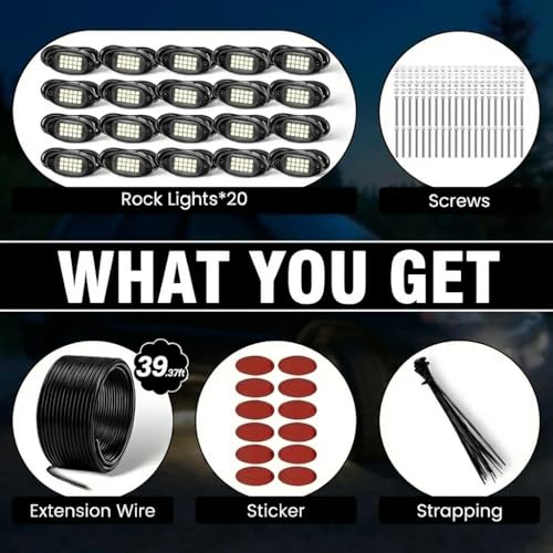 YONEDA White Rock Lights for Trucks, 20 Pods, IP68 Waterproof - color: White, size: 20 Pods(15 LEDs/Pod)