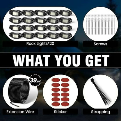 YONEDA White Rock Lights for Trucks, 20 Pods, IP68 Waterproof - color: White, size: 20 Pods(15 LEDs/Pod)