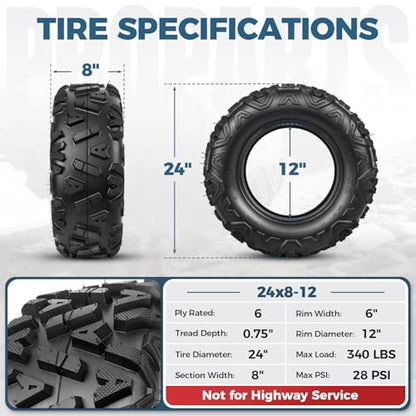 PROPARTS 24x8-12 ATV/UTV Tires, 6-Ply 24x8x12 24-8-12 All Terrain Off-Road Golf Cart Tire for Mud, Sand and Trail, Max Load 340 lbs, Tubeless, Set of 2 - size: 24x8-12