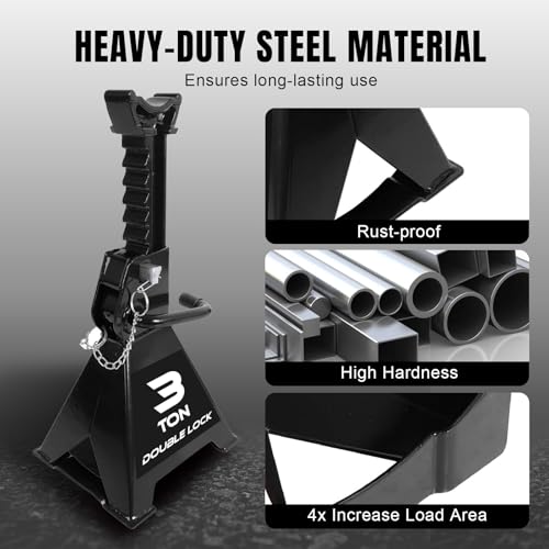 Torin 3 Ton Steel Heavy Duty Jack Stands, Double Locking Pins Car Lift Jack, Black, 2 Pack - style: Wide Base