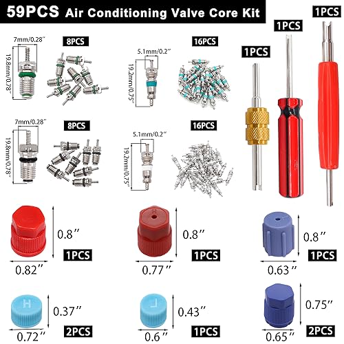 Taiss 59PCS Air Conditioning Valve Core Accessories Kit R12 R134a Refrigeration Tire Valve Stem Cores with Valve Core Rmover Tool HVAC AC System Seal Caps Kit F-092 - color: 59PCS