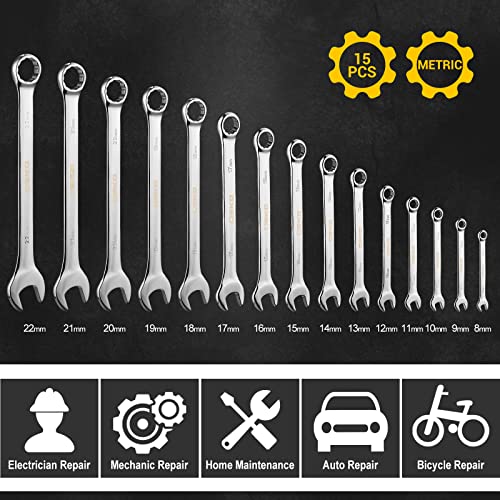 DEKOPRO Combination Wrench Set, Metric, 15-piece, 8-22mm, 12-Point, Chrome Vanadium Steel, with Plastic Tray - size: 15-Piece (Metric: 8-22 mm)