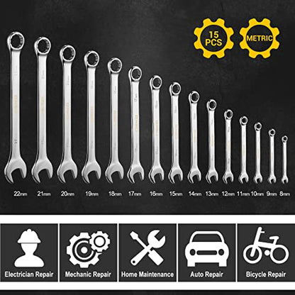DEKOPRO Combination Wrench Set, Metric, 15-piece, 8-22mm, 12-Point, Chrome Vanadium Steel, with Plastic Tray - size: 15-Piece (Metric: 8-22 mm)