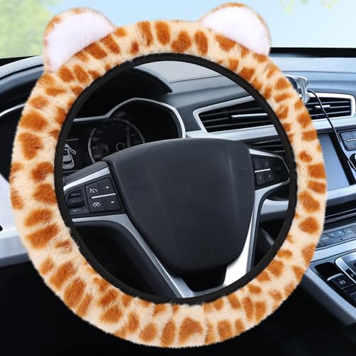 Accmor Fuzzy Leopard Print Car Steering Wheel Cover Women Car Accessories - color: Style B/Orange Leopard, Ear