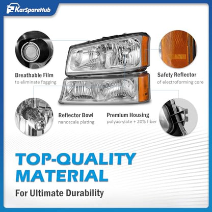 Halogen Headlights for 2003-2007 Chevy Silverado 1500 2500 3500 - color: Polished Chrome | With High & Low Beam Bulbs