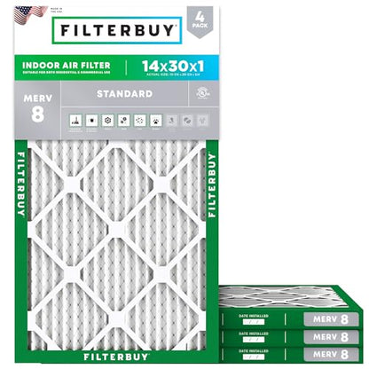 Filterbuy 14x30x1 Air Filter MERV 8 Dust & Allergy Defense (4-Pack) - size: 14x30x1
