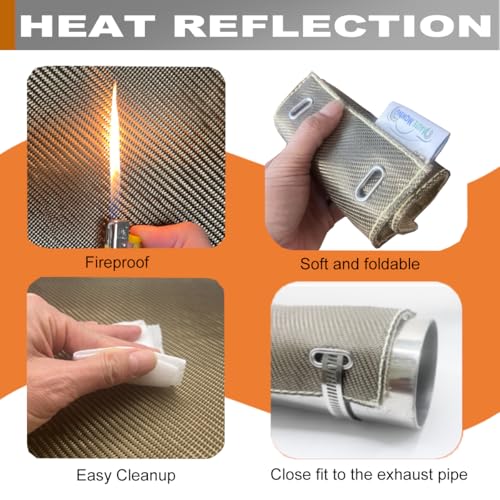 6" x 12" Exhaust Heat Shield Titanium Pipe Heat Shield with Stainless Steel Clamps Two-Layer Material Design Heat Protection up to 1350°F Protects Heat Sensitive Components, Hoses, Lines - size: 6'' x 12''