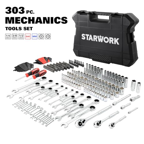 STARWORK TRUE MECHANIC 303-Piece Mechanics Tool Set and Socket Set, 1/4", 3/8", 1/2" Drive, Professional, SAE/Metric - color: Black