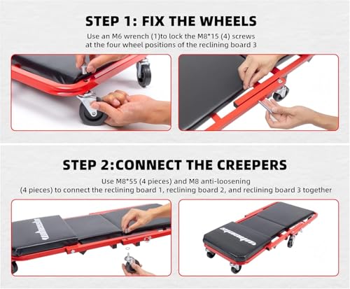 Mechanic Creeper 36-inch 3-in-1 Mode Z Seat 340lbs Capacity, Foldable Garage Adjustable Rolling Folding with 6pcs Wheels Roller, Lay Down Sit Lean Back, Under Car Auto Repair (Red Frame) - color: Red