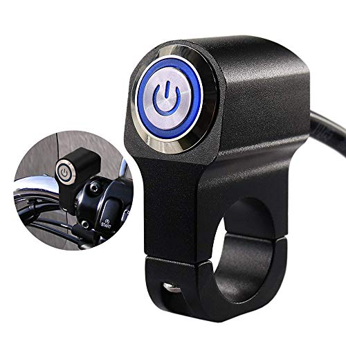 7/8" (22mm) Motorcycle Handlebar Switch 12V 10A, CNC Aluminum Alloy ON-Off Switch with Blue LED Indicator for Fog Lights & Accessories
