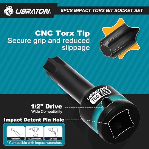 LIBRATON Impact Torx Bit Socket Set, 1/2" Drive, S2 Steel, T30-T80, 9PCS - style: 9PCS Torx