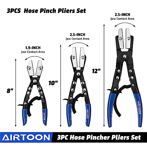 3-Pack Hose Pinching Pliers Set, Automatic Locking Ratcheting, Pinch Off Pliers for Flexible Hoses, Automotive, Gas Lines, Radiator, Brake, Coolant, and Fuel Systems (Blue, 3 Sizes)