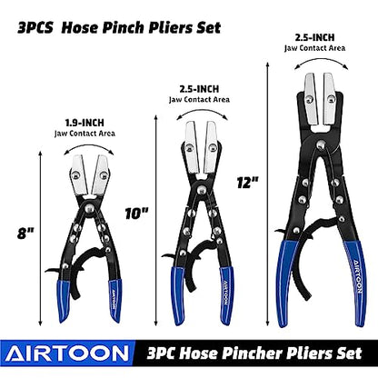 3-Pack Hose Pinching Pliers Set, Automatic Locking Ratcheting, Pinch Off Pliers for Flexible Hoses, Automotive, Gas Lines, Radiator, Brake, Coolant, and Fuel Systems (Blue, 3 Sizes)