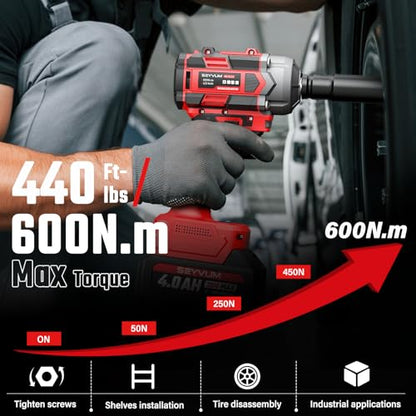 SEYVUM Cordless Impact Wrench, 1/2” Max Torque 440 Ft-lbs / 600 N.m Power Impact Gun, 20V 3000RPM Electric Impact Driver, 2 x 4.0Ah Battery, 4 Impact Sockets, Carry Bag Included - style: 600 N.m