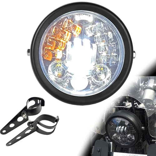 5.75in Motorcycle Headlight White DRL Amber Turn Signal w/Housing - color: White Halo W/ Housing