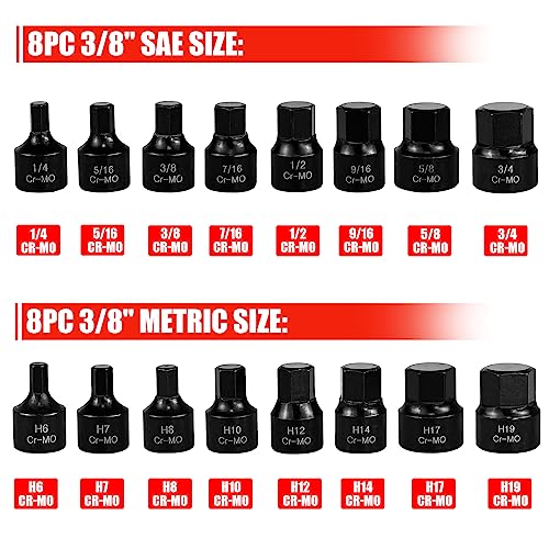 C&T 16 Piece 3/8-Inch Drive Low Profile Impact Hex Driver Set, SAE & Metric