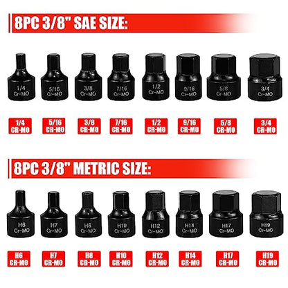 C&T 16 Piece 3/8-Inch Drive Low Profile Impact Hex Driver Set, SAE & Metric