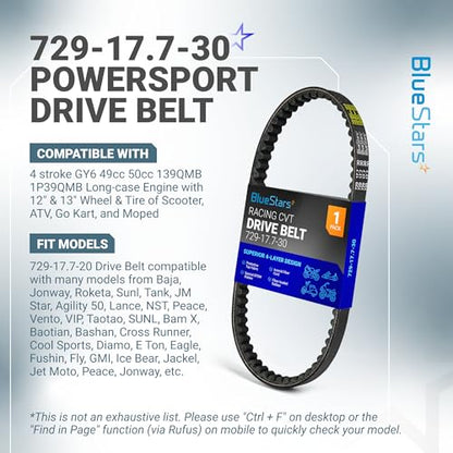 BlueStars 729-17.7-30 Racing CVT Drive Belt - Fits 125cc 150cc GY6 Engine - size: 729-17.7-30