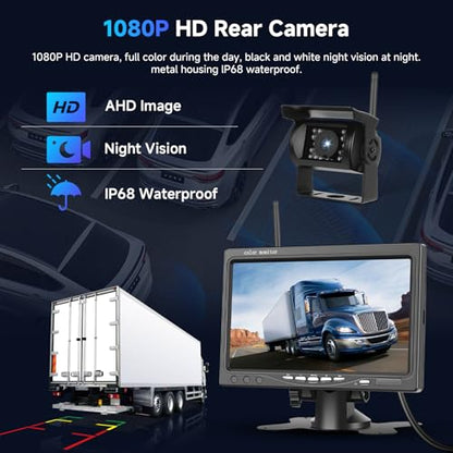 1080P HD Wireless Backup Camera System, 7-inch LCD Monitor with 2 Rearview Camera for Trailer RV Camper Truck Car Bus, DIY Guide Lines, IP68 Waterproof, Night Vision, BSD, 12V-36V