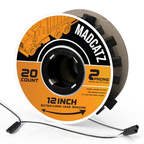 MADCATZ 20 Pack 2-Prong Double Female Bullet Plug 12” Spacing Harness Roll – 18 AWG with More Spacing 12-Inch Leads Between Plugs, Fits Truck Trailer Clearance Lights - color: 20 - 2Prong (12" spacing), size: 2Prong - XL