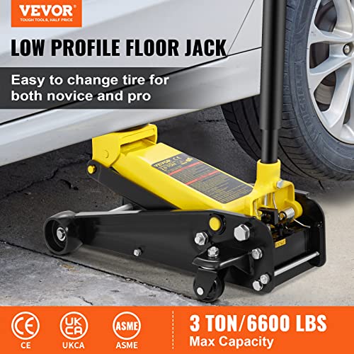 VEVOR 3 Ton Low Profile Floor Jack for All Terrain Vehicles, Heavy-Duty Steel Racing Jack with Quick Lift Pump, 5.12"-20" Lifting Range, 3.0 tons - color: yellow