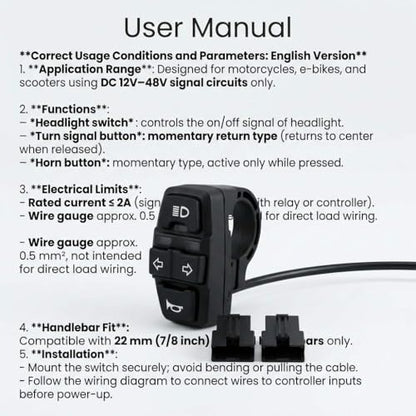 QWORK® 3 in 1 Motorcycle Handlebar Control Switch - Headlight, Turn Signal, Horn Mount on 22mm 7/8 Inch Handlebar for Motorbike, Electric Bike, E-Scooter