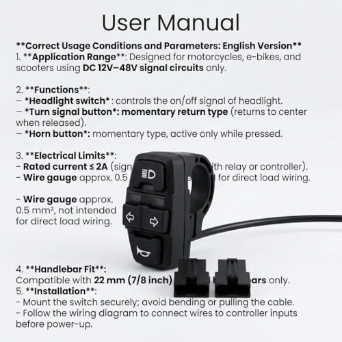 QWORK® 3 in 1 Motorcycle Handlebar Control Switch - Headlight, Turn Signal, Horn Mount on 22mm 7/8 Inch Handlebar for Motorbike, Electric Bike, E-Scooter