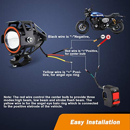 Motorcycle LED Fog Lights U7 Spotlight Daytime Running Lights with Red Angel Eyes Halo Ring and ON/Off Toggle Switch 2-Sets - color: red