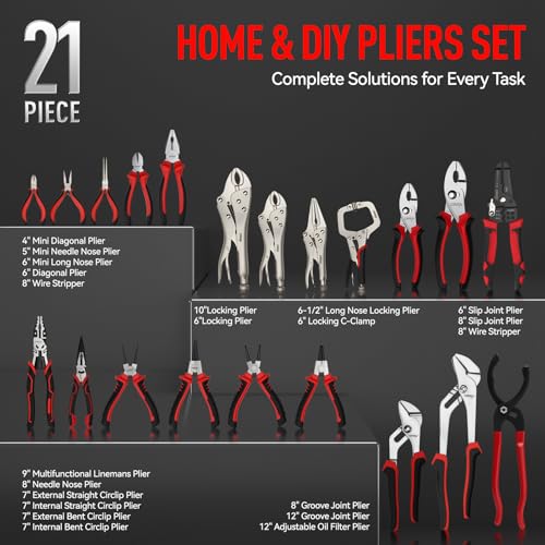 DISEN Pliers Set, 21 Pieces Full Assortment of Plier with EVA, Versatile Pliers Tool Set for Plyers Ideal as Home Use, Holiday, Fathers' Day Gift - color: Red-black 21pcs