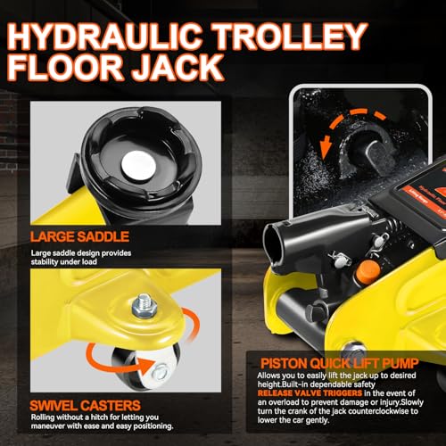 PM PERFORMOTOR Low Profile Hydraulic Trolley Service/Floor Jack Combo with 2 Ratchet Jack Stands, 2 Ton (4000 lbs) Capacity, Yellow,PM-TOL-FJ3P-YL - color: Yellow