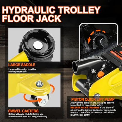 PM PERFORMOTOR Low Profile Hydraulic Trolley Service/Floor Jack Combo with 2 Ratchet Jack Stands, 2 Ton (4000 lbs) Capacity, Yellow,PM-TOL-FJ3P-YL - color: Yellow