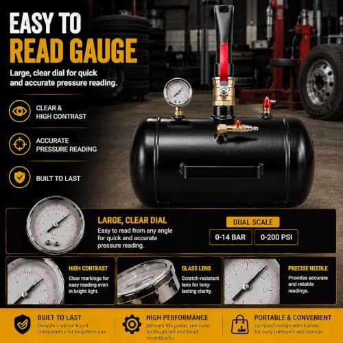 XtremepowerUS 5 Gallon Tire Bead Seater Blaster with Pressure Gauge, Air Tire Inflator Seating Tool for Tubeless Tires, Carbon Steel Air Tank for Car, Truck, Tractor, ATV & Heavy Equipment - size: 5.0 Gal/19L