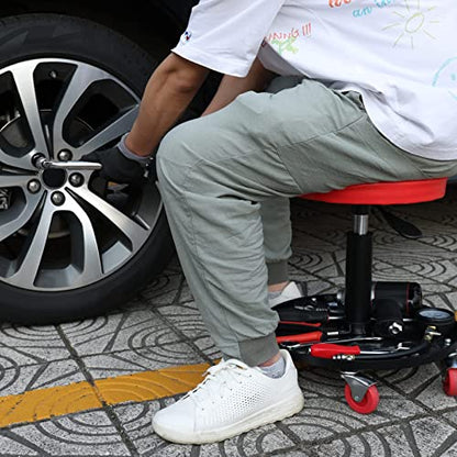 TCE Duty Rolling Pneumatic Creeper Garage/Shop Seat: Padded Adjustable Mechanic Stool with Tool Tray Storage, Red,ATRHL6201U