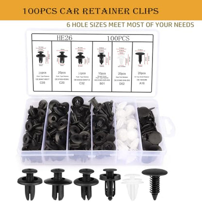 100PCS Universal Car Bumper Clips, Plastic Push Pin Rivets Set with Storage Box, 6 Most Popular Sizes with 5 Fastener Removers, Fits Most Car Models, Ideal for Body Fixing & Replacement