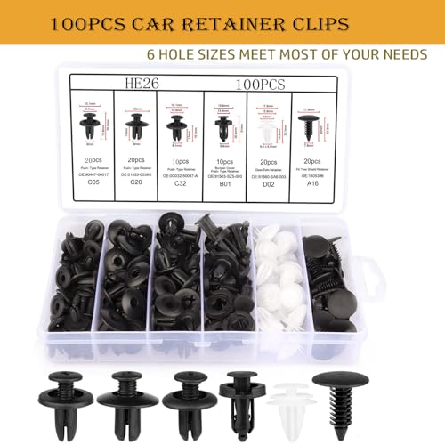 100PCS Universal Car Bumper Clips, Plastic Push Pin Rivets Set with Storage Box, 6 Most Popular Sizes with 5 Fastener Removers, Fits Most Car Models, Ideal for Body Fixing & Replacement
