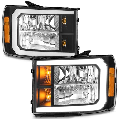 WEELMOTO Black Headlights for 2007-2013 GMC Sierra 1500 LED DRL Amber - color: Black | LED Bar (White Light) | Amber Reflector, size: LED Style Replacement