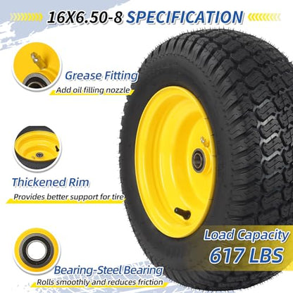 GICOOL 16x6.50-8 Tubeless Tire and Wheel, 16x6.5-8 Lawn Mower Tires, 3"-4.5" Offset Hub, 3/4" or 5/8" Bearing, Universal Fit Riding Mower and Garden Tractor Front Wheel, 4 Ply, S-Turf Pattern, 2 Pack - size: 16x6.50-8 Tubeless