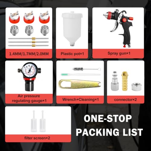 HVLP Spray Gun with 1.4/1.7/2.0mm Nozzles and Accessories Red - color: Red