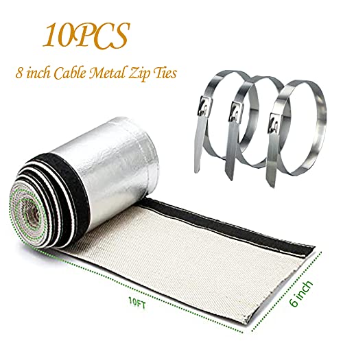 Aluminized Heat Shroud Sleeving Heat Shield 1.5''I.D. x 10FT Fuel line Wire Protection Silver Hose Heat wrap with 10 Pcs Metal Zip Ties - color: silver, size: 1.5''I.D.
