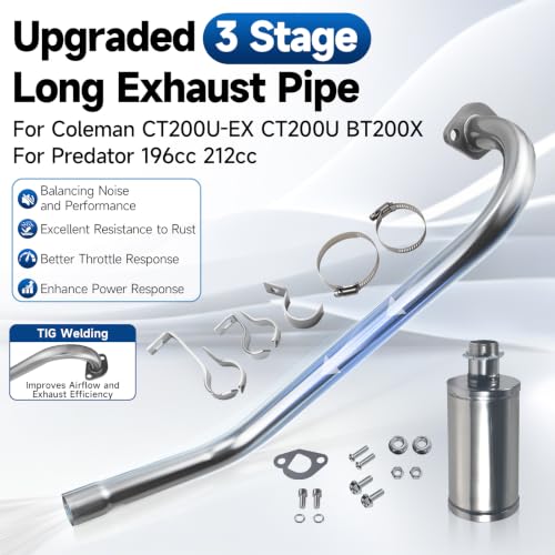 212cc Long Exhaust Pipe with Muffler for Predator 224cc for Coleman CT200U - color: Silver