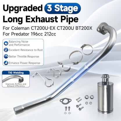 212cc Long Exhaust Pipe with Muffler for Predator 224cc for Coleman CT200U - color: Silver