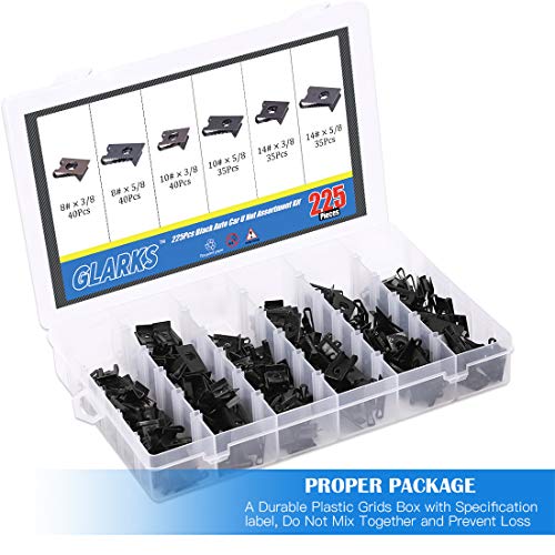 Glarks 225Pcs U Nut Assortment Kit, 6 Size Black Auto Car U Clips for Dash Door Panel Interior