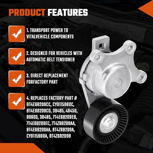 Belt Tensioner and Pulley Assembly Fit For Ford Edge 07-18,Explorer 11-19,Fusion 10-12,Fit for Mazda CX-9 08-15 Fit for Lincoln MKS MKZ MKT 3.5L 3.7L V6 Replace# BT4E6B209CC,7T4E6B209EC - size: BT4E6B209CC