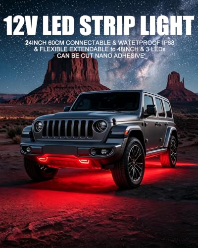 Keiurot 12V Led Light Strip for Cars 24Inch Connectable & Waterproof, 4Pack - color: Red Led Strip 24" Connectable