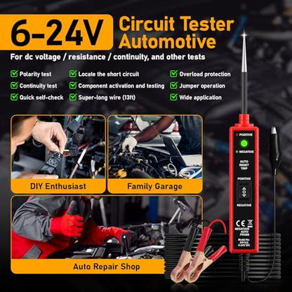 Power Circuit Probe Tester, 6-24V DC Automotive Test Light 12 Volt with 13 ft Leads Circuit Tester Breake Finder for Continuity Testing for Car SUV Truck - color: Red-B