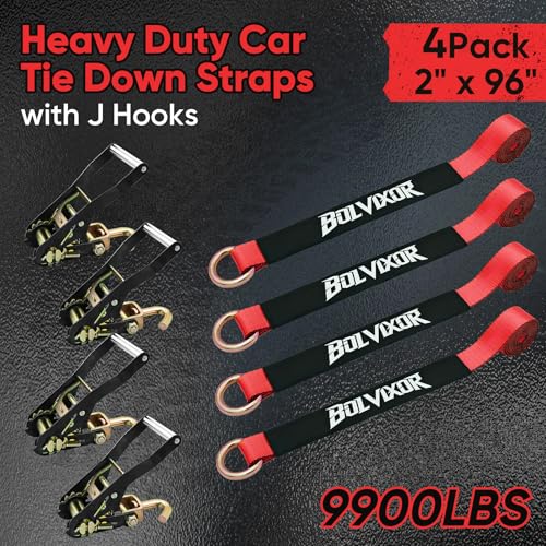 Car Tie Down Straps, 4 Pack, 2" x 96", 9900 LBS, Heavy Duty J Finger Hooks - color: Red