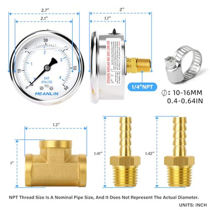 MEANLIN MEASURE 9Pieces KIT 0-60Psi Stainless Steel Liquid Filled Pressure Gauge 1/4" NPT 2.5" FACE DIAL, Back Mount with 1/4" 5/16" Hose Barb, Tee Fittings, WOG Water Oil Air - size: 0-60Psi (9Pcs Kit)