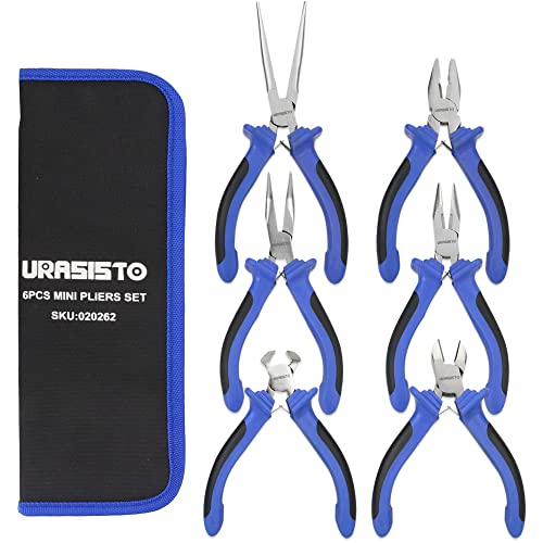 URASISTO 6 pcs Mini Pliers Set - Long, Bent, Needle Nose, Diagonal, End Cut, Combination - Spring Loaded Handle, 5 Inch - Mechanic, Craftsman Basic Tool Kit - Roll Up Carry Bag Included